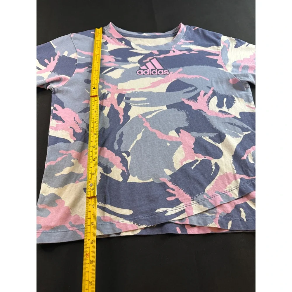 Adidas Girls Camo Graphic T-Shirt Blue Pink White Size M 10-12 AA4853